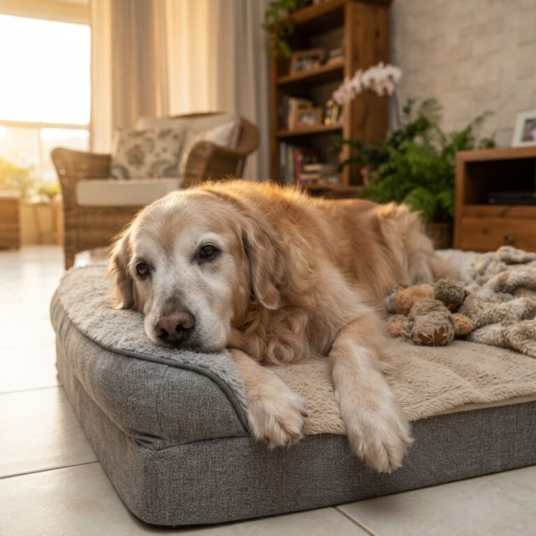 Cachorro idoso com artrite deitado em cama ortopédica
