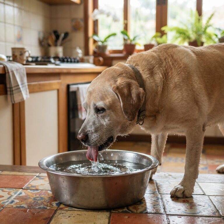 Cão idoso bebendo muita água da tigela