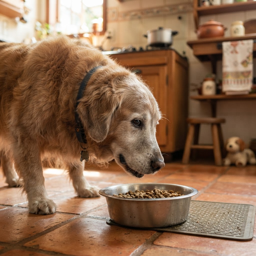 Cão idoso comendo ração na tigela