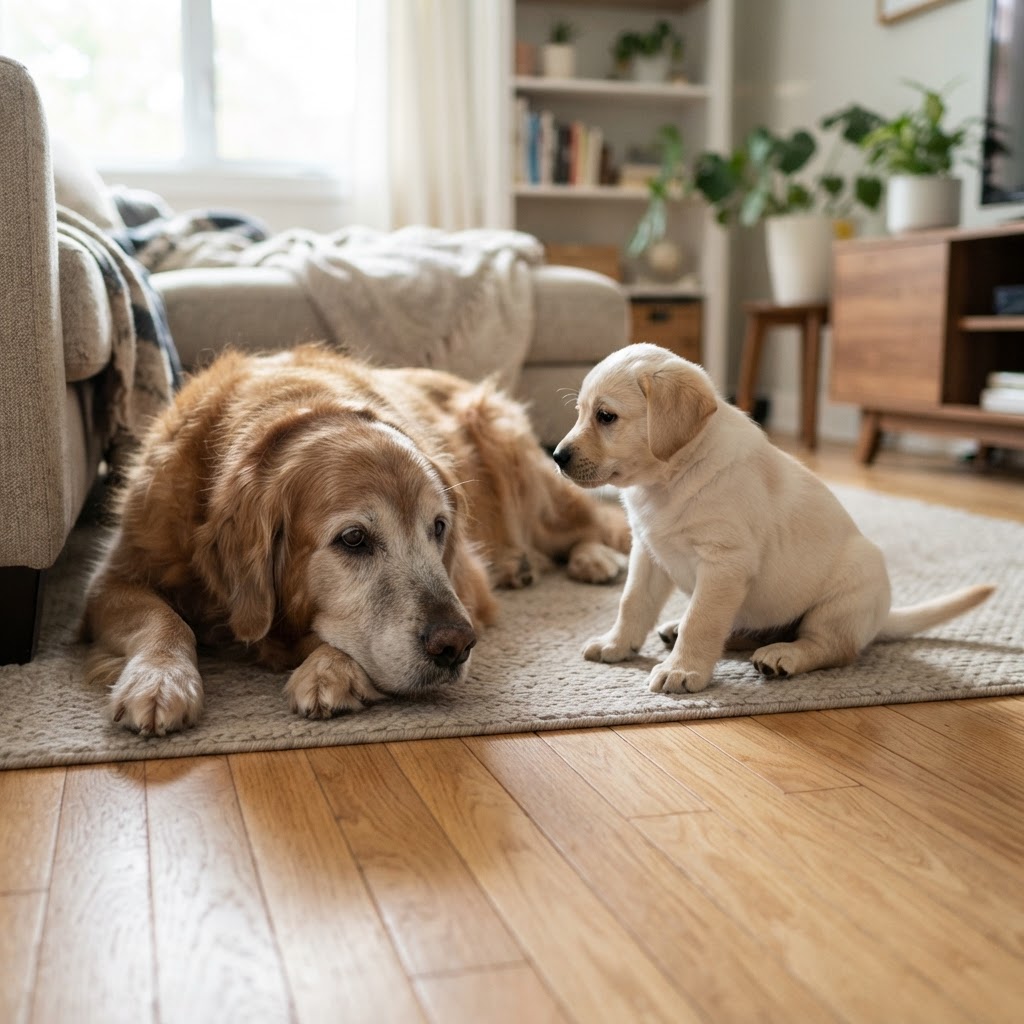 Cão idoso e filhote novo: como fazer a apresentação dar certo Cão idoso e filhote novo: como fazer a apresentação dar certo - detalhe