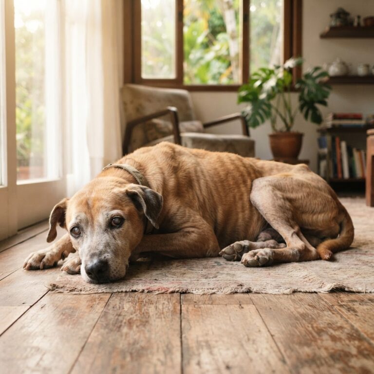Cão idoso magro com perda de massa muscular (sarcopenia)