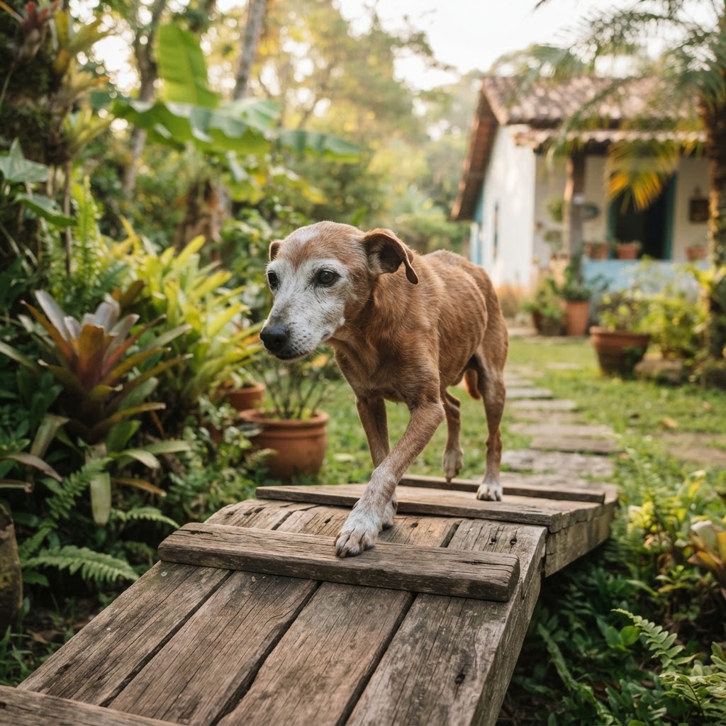 Exercício leve para cão idoso com sarcopenia: subida em rampa baixa