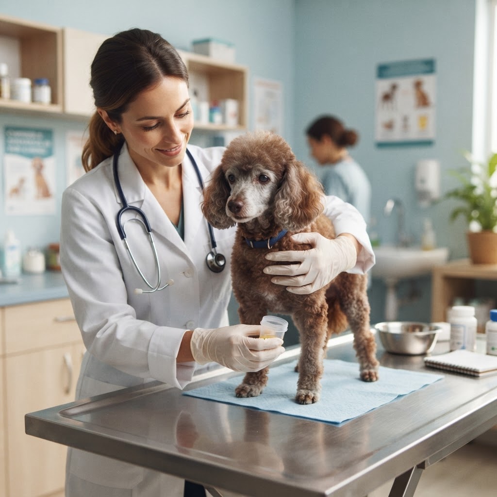 Veterinária coletando amostra de urina de cão idoso para urocultura