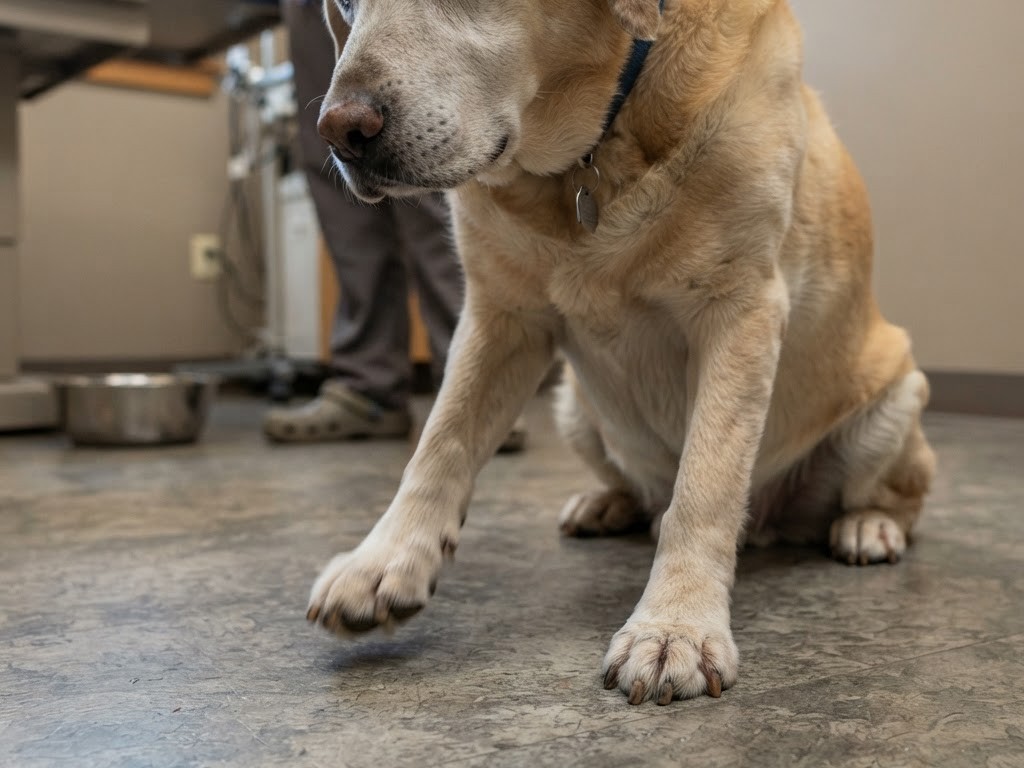 Cão idoso com tremor nas patas dianteiras em close-up
