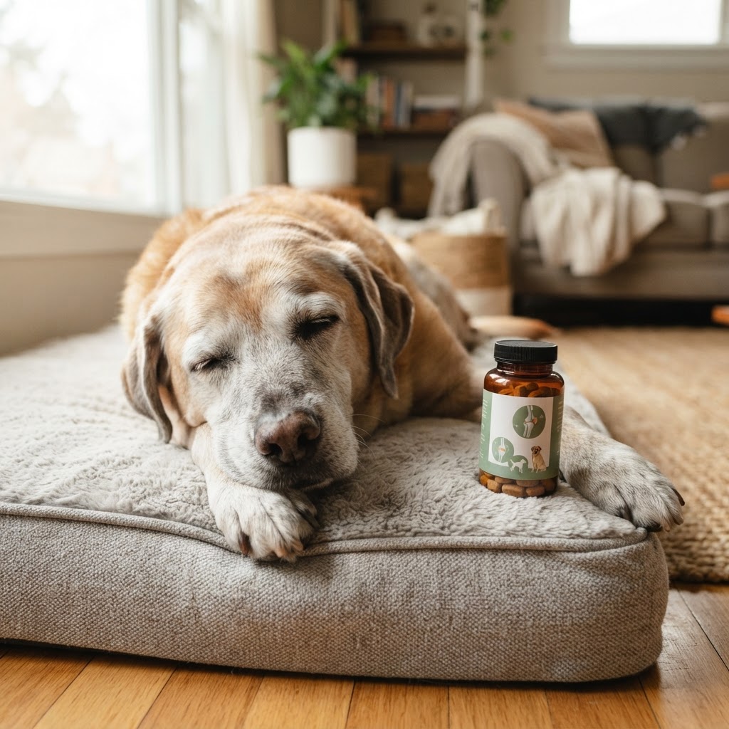 Glucosamina e Condroitina para Cães: Funciona Mesmo? Glucosamina e condroitina para cães: funciona mesmo? - cachorro idoso deitado em cama ortopédica com suplemento articular