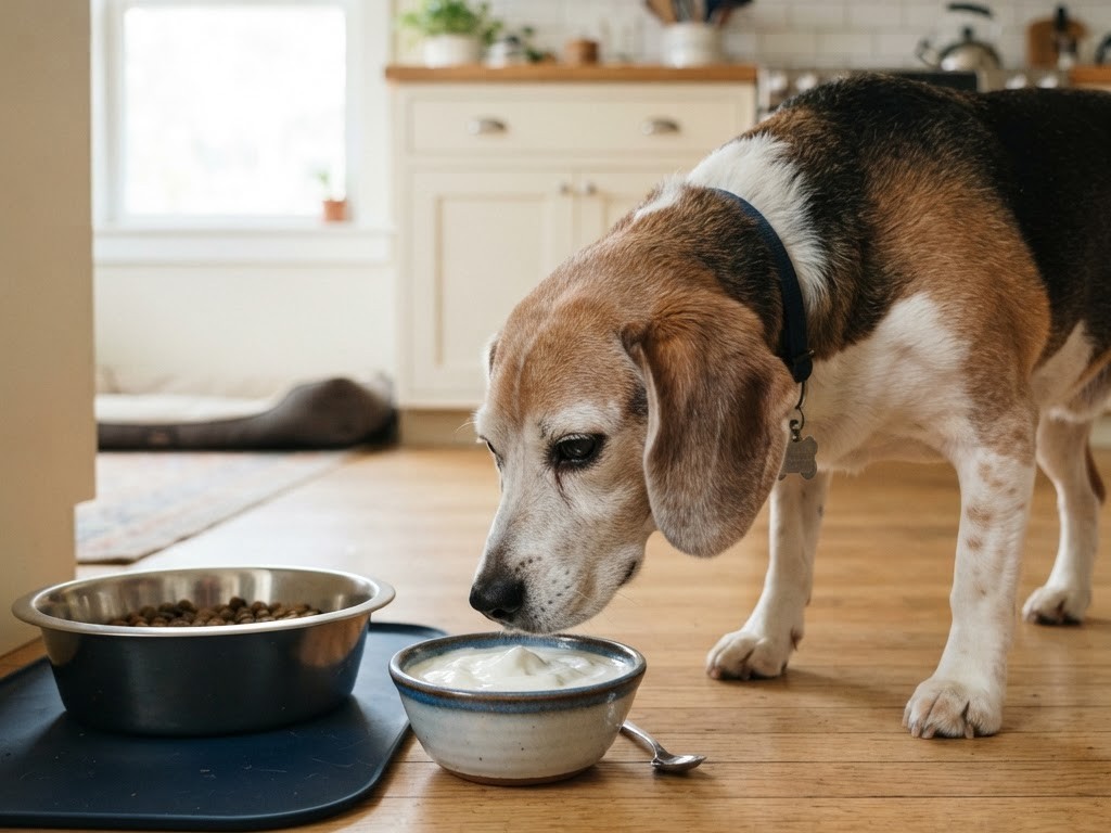Cão idoso olhando tigela de iogurte natural ao lado da ração