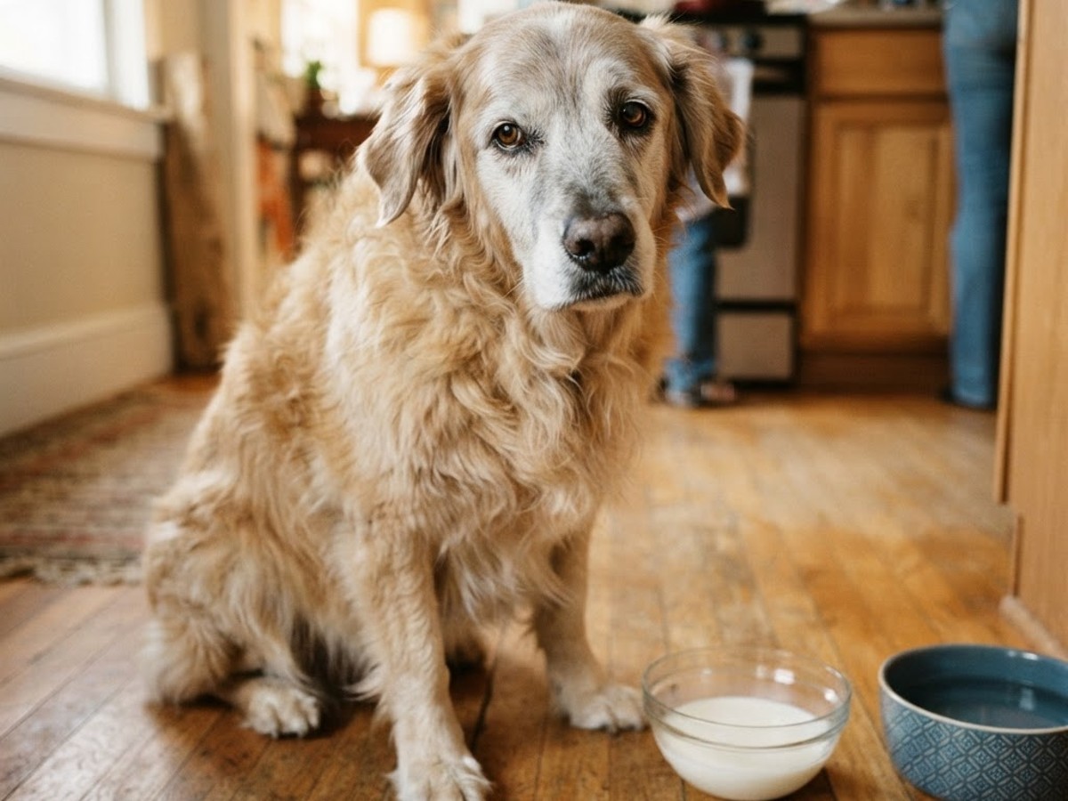 Leite para Cão Idoso: Por Que a Lactose Vira Problema Cão idoso olhando para uma tigela de leite no chão da cozinha